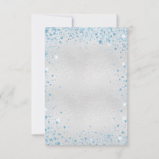 Birthday party zilverblauw glitterstofballonnen kaart (Achterkant)