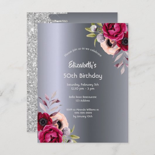 Birthday party zilverbloemenbogung briefkaart (Voorkant / Achterkant)