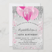 Birthday party zilveren roze glitter ballons meisj kaart (Voorkant)