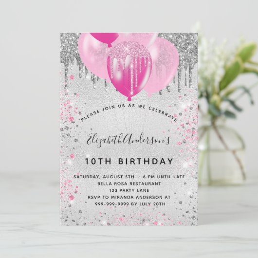 Birthday party zilveren roze glitter ballons meisj kaart (Staand voorkant)