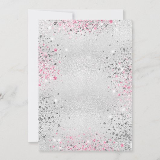 Birthday party zilveren roze glitter ballons meisj kaart (Achterkant)