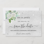 Birthday party zilverfloral save the date (Voorkant)