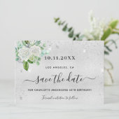 Birthday party zilverfloral save the date (Staand voorkant)