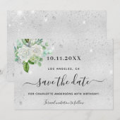 Birthday party zilverfloral save the date (Voorkant / Achterkant)