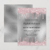 Birthday party zilverglitter drip roze uitnodiging (Voorkant / Achterkant)