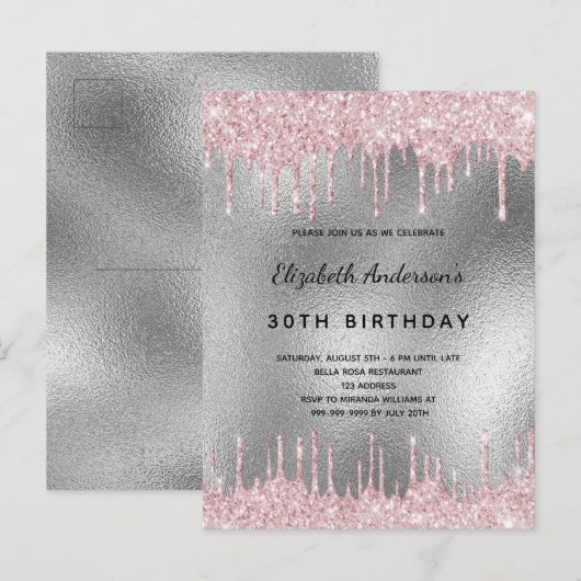 Birthday party zilverglitter drip roze uitnodiging (Voorkant / Achterkant)