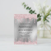 Birthday party zilverglitter drip roze uitnodiging (Staand voorkant)