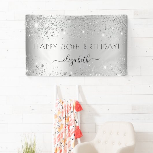 Birthday party zilverglitter monogram spandoek (Insitu)