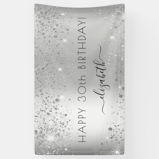 Birthday party zilverglitter monogram spandoek (Verticaal)