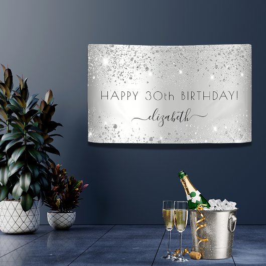 Birthday party zilverglitter monogram spandoek