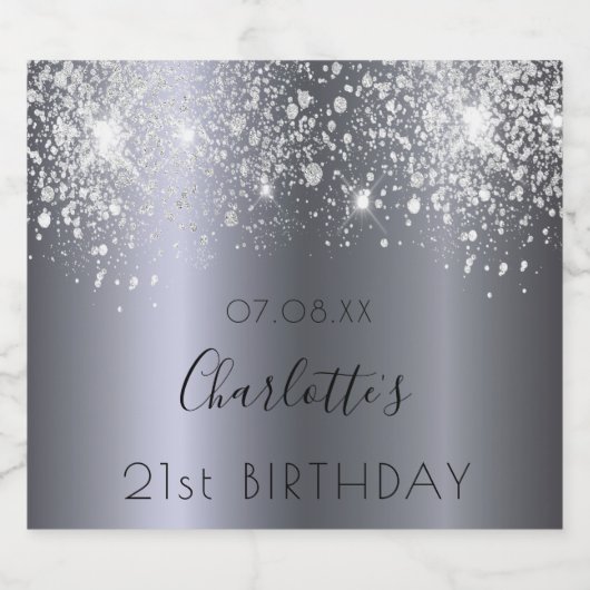 Birthday party zilverglitter monogram sparkling wijnetiket (Enkel label)