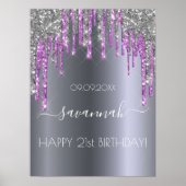 Birthday party zilverglitter paarse glans poster (Voorkant)