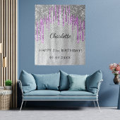 Birthday party zilverglitter paarse monogram wandkleed