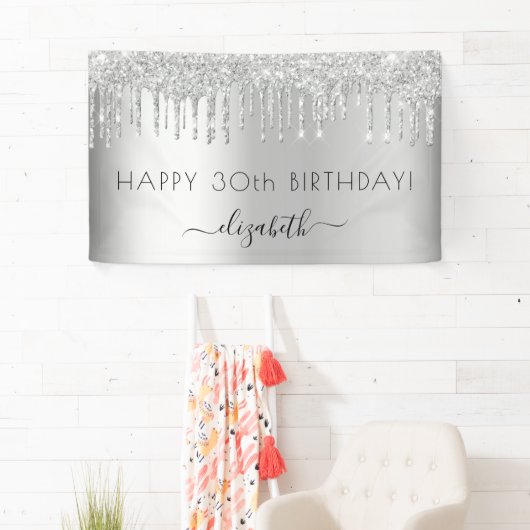Birthday party zilverglitter sparkle name spandoek (Insitu)
