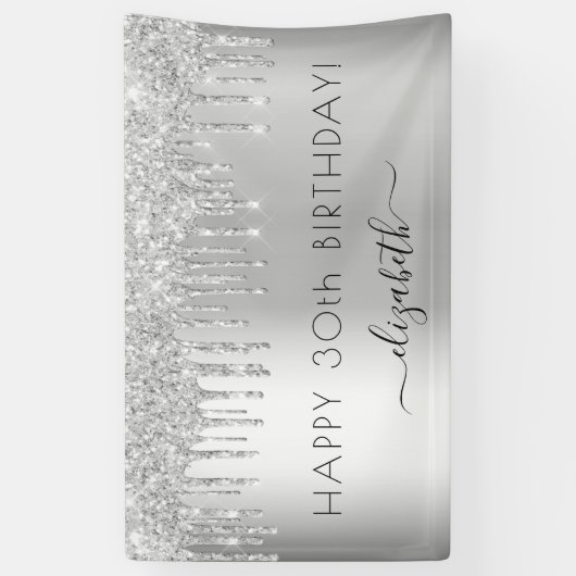 Birthday party zilverglitter sparkle name spandoek (Verticaal)