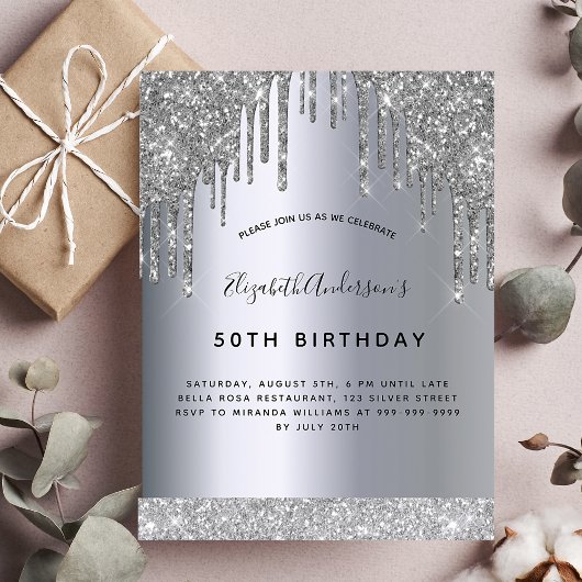 Birthday party zilverglitter sparkle-uitnodiging briefkaart