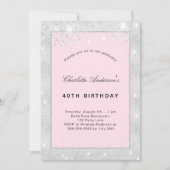 Birthday party zilverkleurige roze glitter kaart (Voorkant)