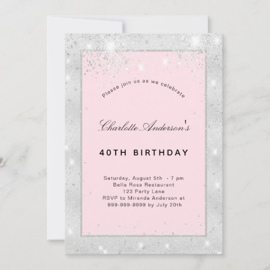Birthday party zilverkleurige roze glitter kaart (Voorkant)