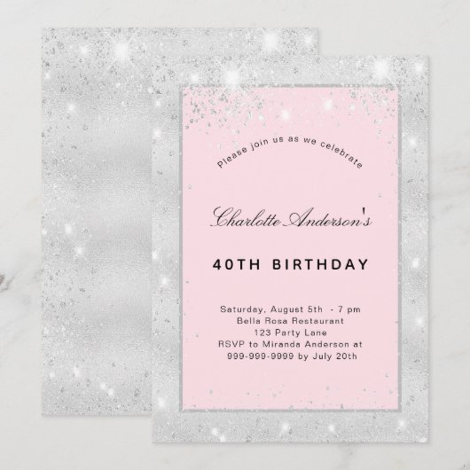 Birthday party zilverkleurige roze glitter kaart (Voorkant / Achterkant)