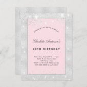 Birthday party zilverkleurige roze glitter uitnodiging briefkaart (Voorkant / Achterkant)