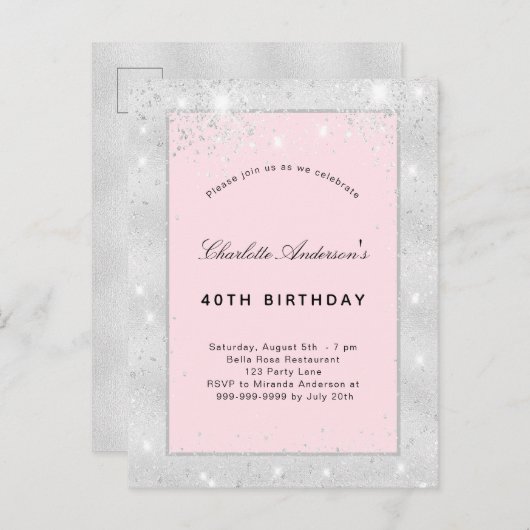 Birthday party zilverkleurige roze glitter uitnodiging briefkaart (Voorkant / Achterkant)
