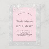 Birthday party zilverkleurige roze glitter uitnodiging briefkaart (Voorkant)
