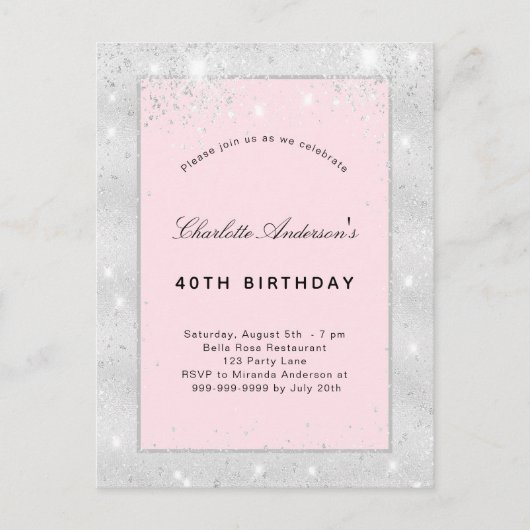 Birthday party zilverkleurige roze glitter uitnodiging briefkaart (Voorkant)