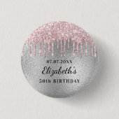 Birthday party zilverroze glitter druppelt naam op ronde button 3,2 cm (Voorkant)