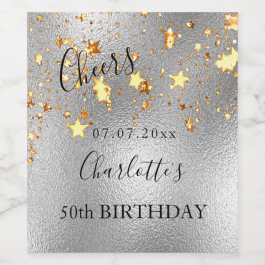 Birthday party zilversterren chic wijn etiket (Enkel label)