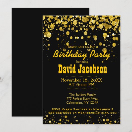 Birthday Party | Zwart en goud Kaart (Voorkant / Achterkant)