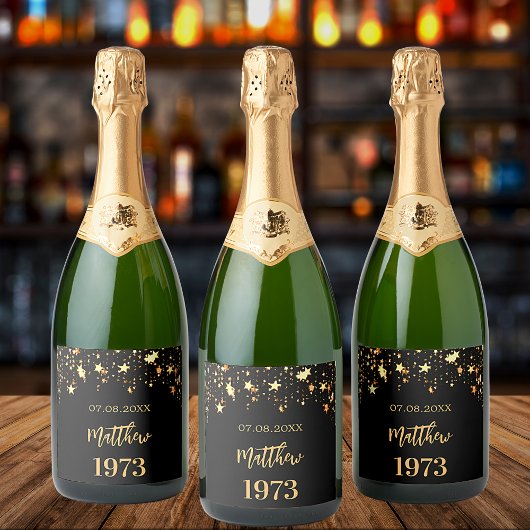 Birthday party zwarte gouden sterren jaar geboren sparkling wijnetiket