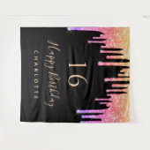 Birthday party zwarte regenbooglitter roze paars wandkleed (Voorkant (horizontaal))