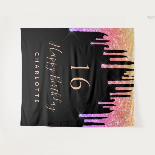 Birthday party zwarte regenbooglitter roze paars wandkleed (Voorkant (horizontaal))