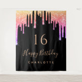 Birthday party zwarte regenbooglitter roze paars wandkleed (Voorkant)