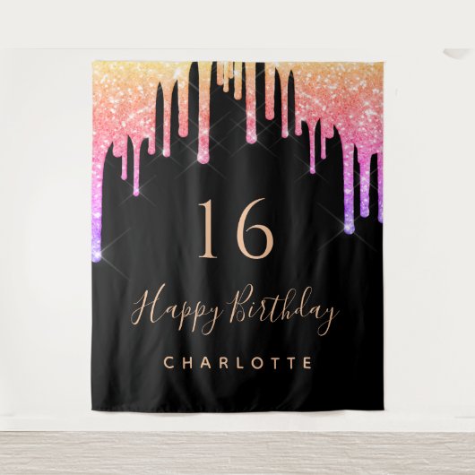 Birthday party zwarte regenbooglitter roze paars wandkleed (Voorkant)