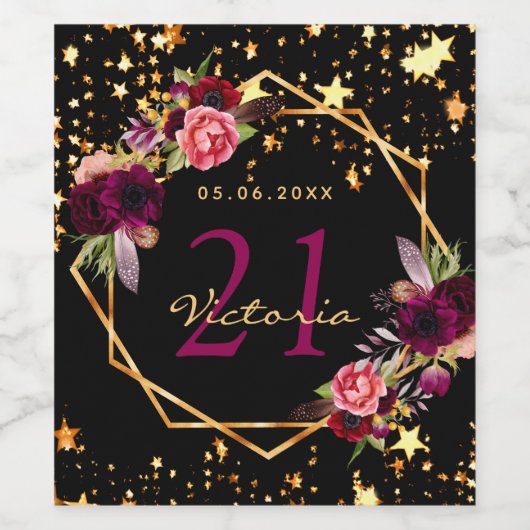 Birthday party zwarte sterren burgundy florals naa wijn etiket (Enkel label)
