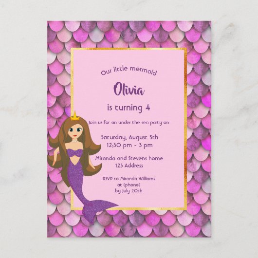 Birthday partyn Mermaid princess roze paars Briefkaart (Voorkant)
