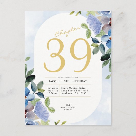 Birthday Pastel Blue Floral Uitnodiging Briefkaart (Voorkant)