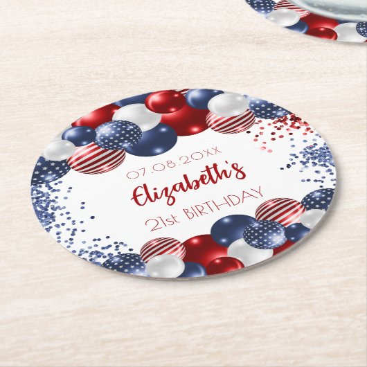 Birthday patriotic USA rode witte blauwe vlag Ronde Kartonnen Onderzetter (Gebogen)