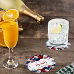 Birthday patriotic USA rode witte blauwe vlag Ronde Kartonnen Onderzetter<br><div class="desc">Voor een 50e (of om het even welke leeftijd) verjaardagsfeestje. Witte achtergrond. Gedecorreerd met patriottische gekleurde ballonnen in rood blauw en wit. Blauwe en rode sparken. Pas een datum,  naam en leeftijd aan en voeg deze toe.</div>