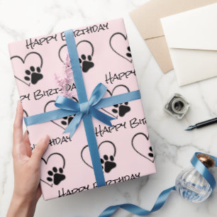 Birthday Paw Print met hart op roze Cadeaupapier