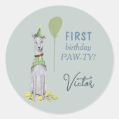 Birthday Paw-ty schattige puppy dog Ronde Sticker (Voorkant)