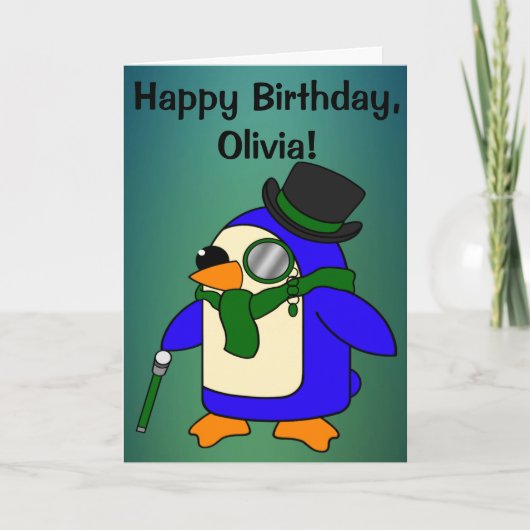 Birthday Penguin Blauwgroen Grassy Emerald Kaart (Voorkant)