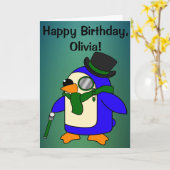 Birthday Penguin Blauwgroen Grassy Emerald Kaart (Gele Bloem)