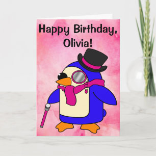 Birthday Penguin Flowery Pastel Pink Kaart
