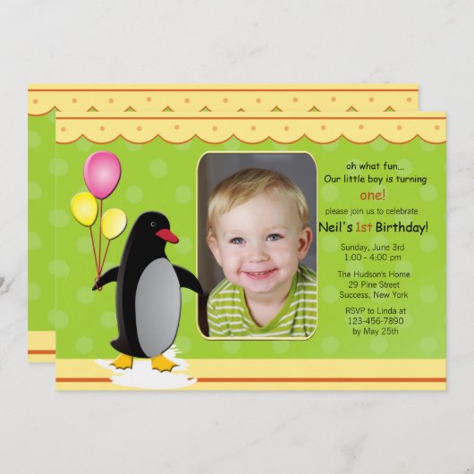 Birthday Penguin Foto Uitnodiging (Voorkant / Achterkant)