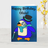 Birthday Penguin Frosty Blue  Kaart (Gele Bloem)
