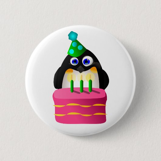 Birthday Penguin met Cake Ronde Button 5,7 Cm (Voorkant)