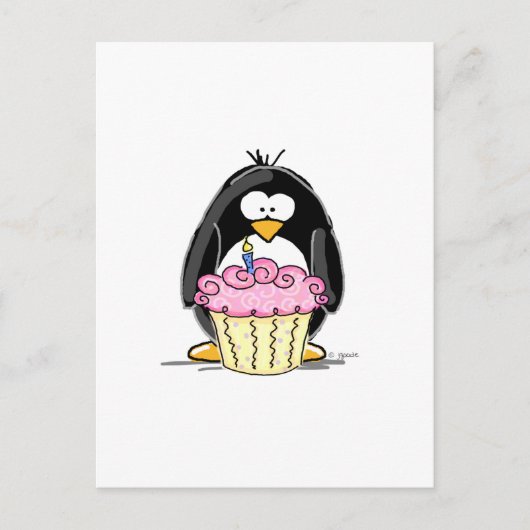 Birthday Penguin met Cupcake Briefkaart (Voorkant)