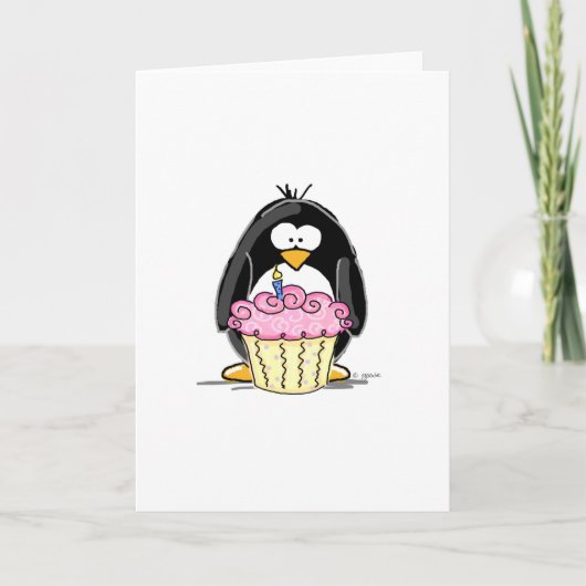 Birthday Penguin met Cupcake Kaart (Voorkant)